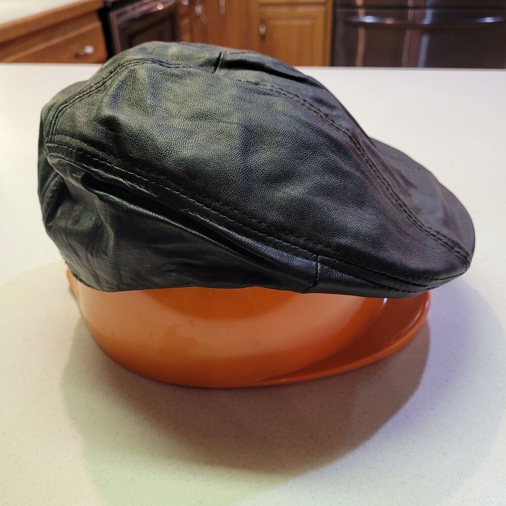 Genuine Soft Leather Motorcycle Biker Newsboy Cap Hat Black Lined